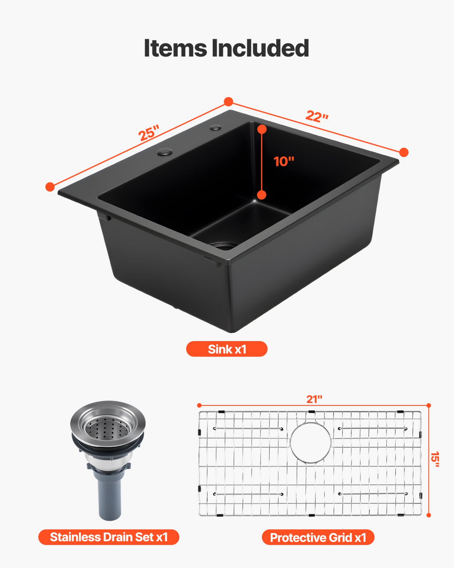 VEVOR 63 cm Granite Kitchen Sink Top Mount Single Bowl Drop-In Basin for RV Bar