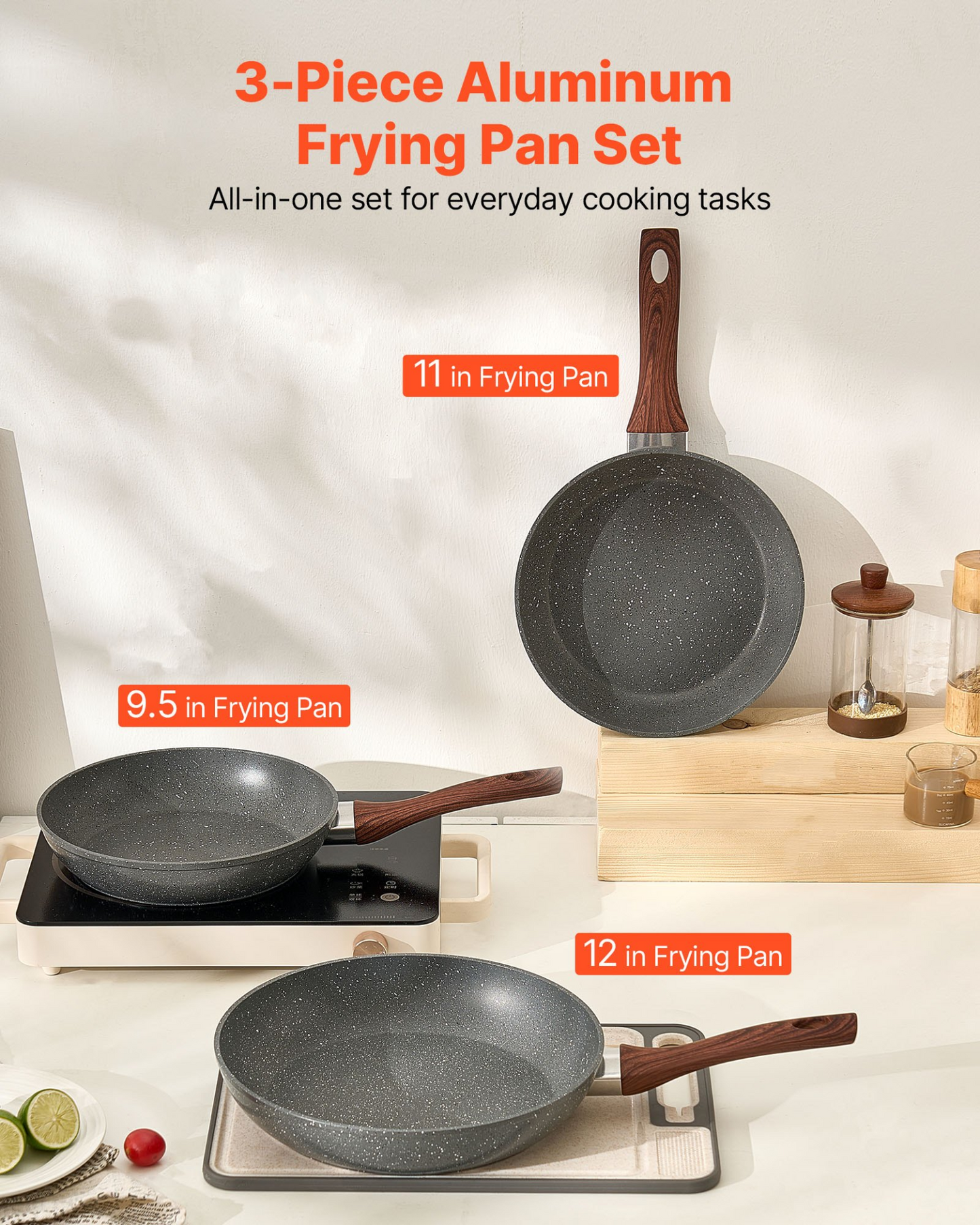 VEVOR 3Pcs Frying Pan Aluminum Skillet Set 250 280 325 mm Nonstick Seasoned Grey