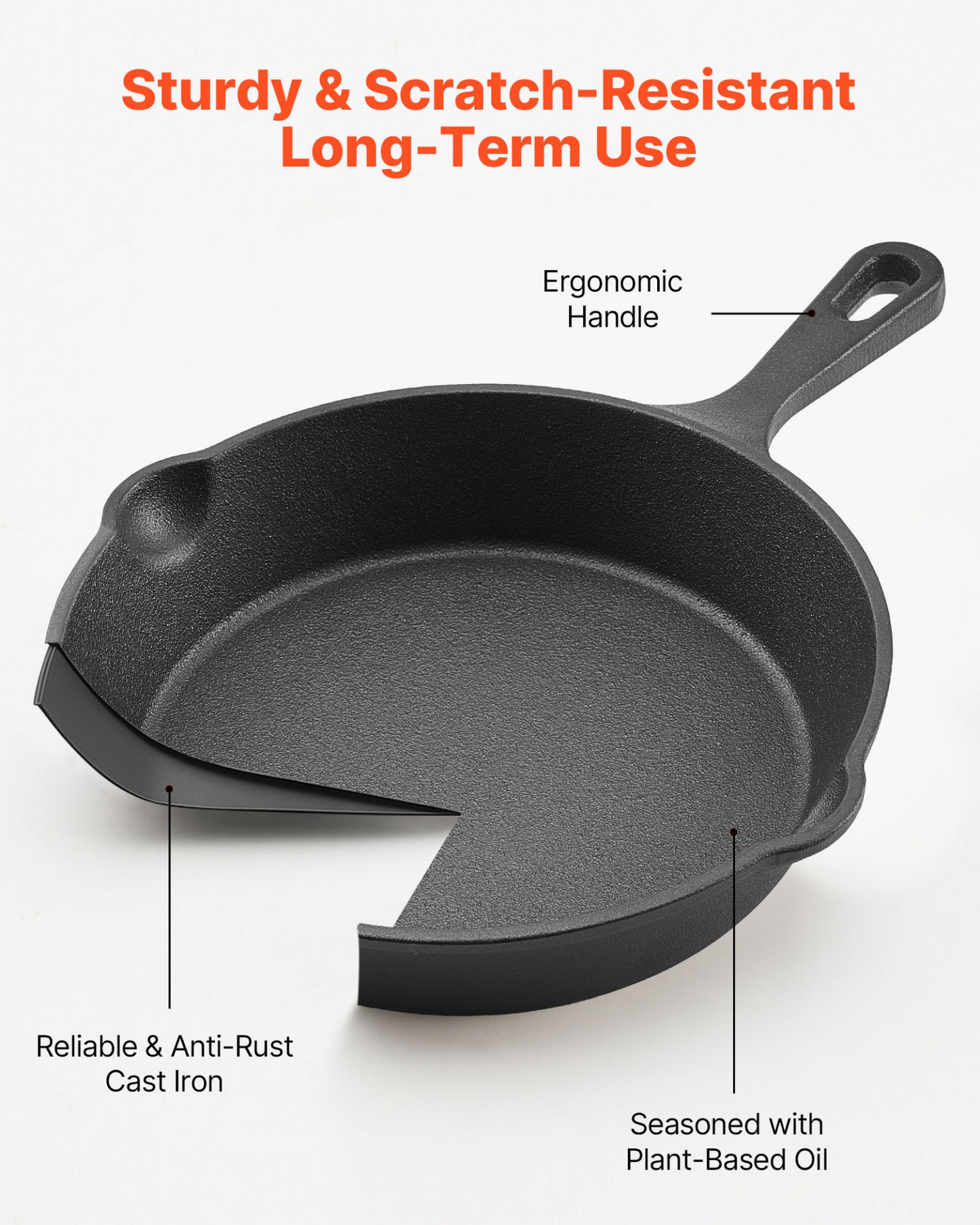 VEVOR 3Pcs Cast Iron Skillet Frying Pan Set 160 220 265 mm Handle Seasoned Black