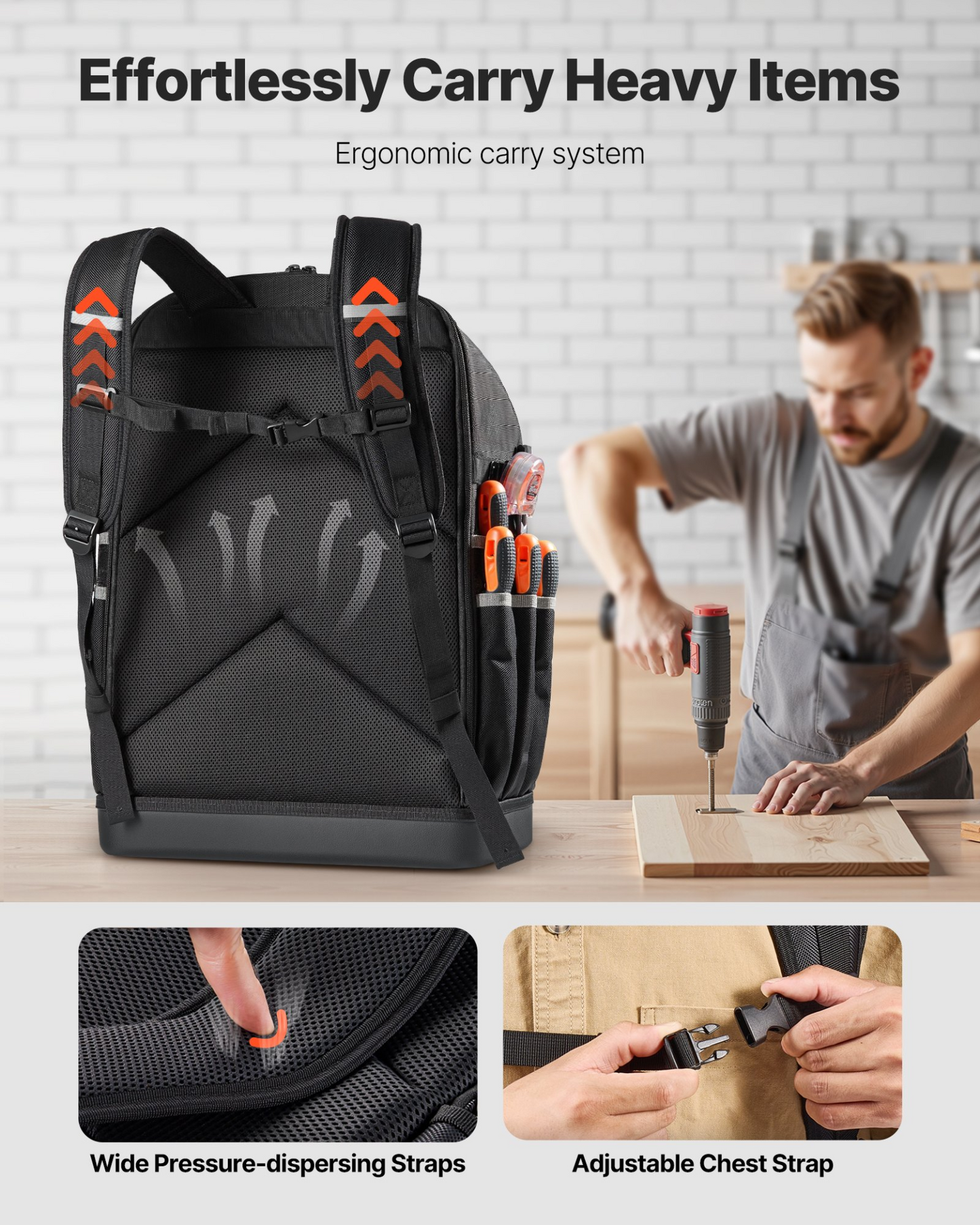 VEVOR Tool Backpack 56 Pockets Splash-resistant Jobsite Backpack for Electrician
