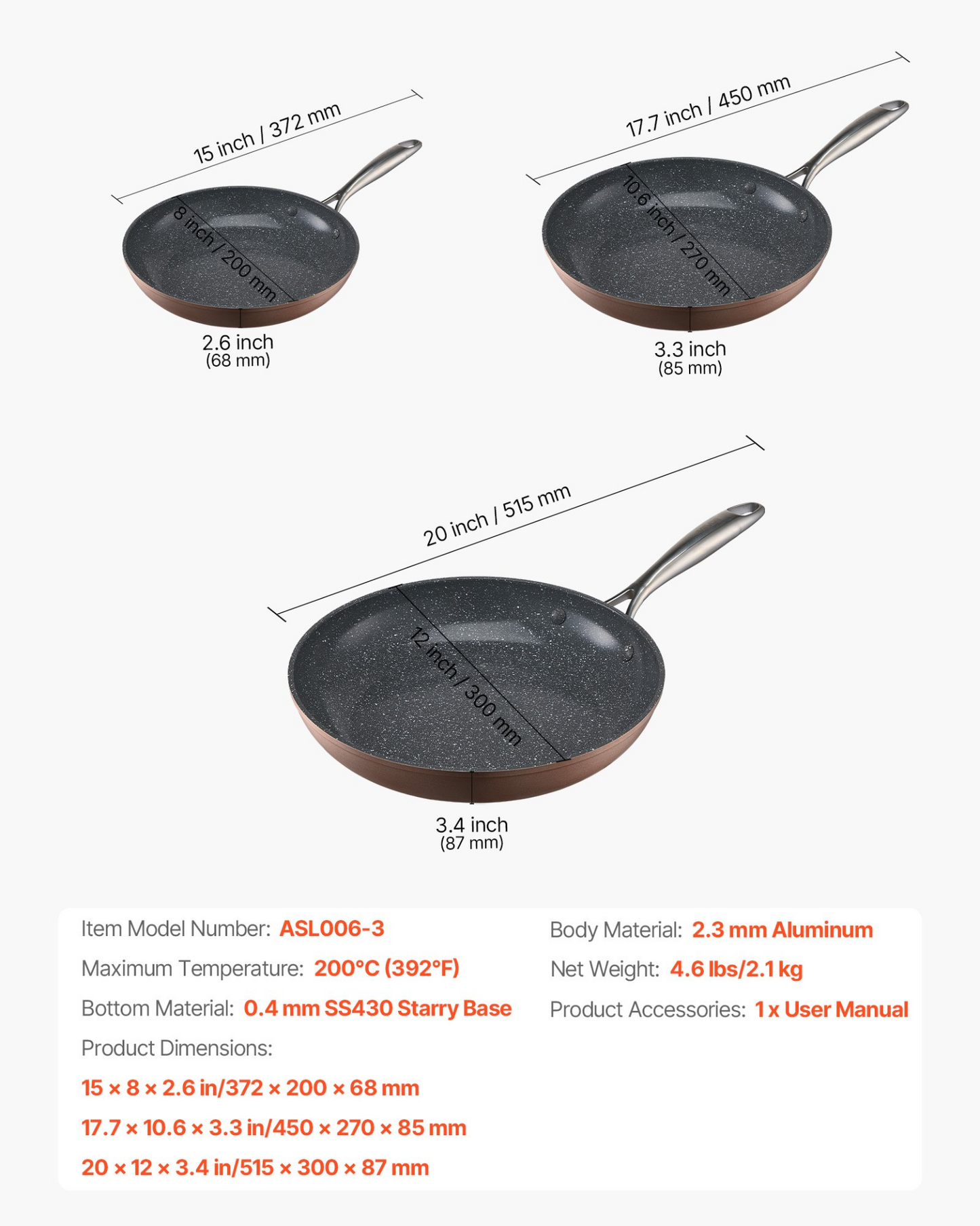VEVOR 3 Pcs Frying Pan Aluminum Skillet Set 200 270 300 mm Handle Seasoned Grey