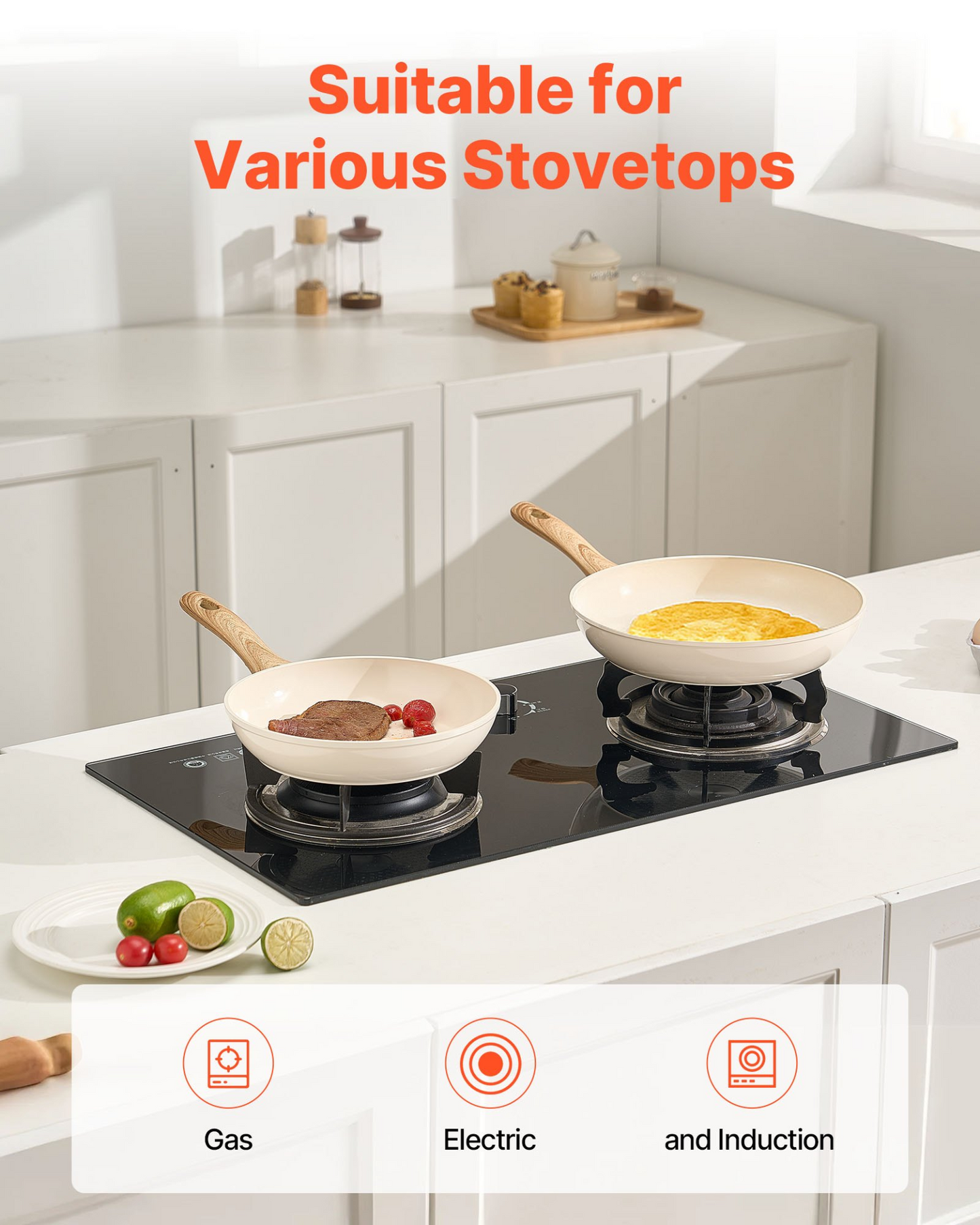 VEVOR 3 Pcs Frying Pan Aluminum Skillet Set 200 240 280 mm Handle Seasoned Beige