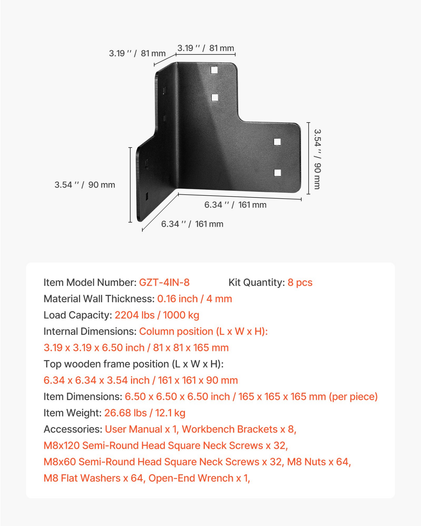 VEVOR 8pcs Workbench Corner Brackets Kit 6.5 x 6.5 x 6.5 in/165 x 165 x 165 mm