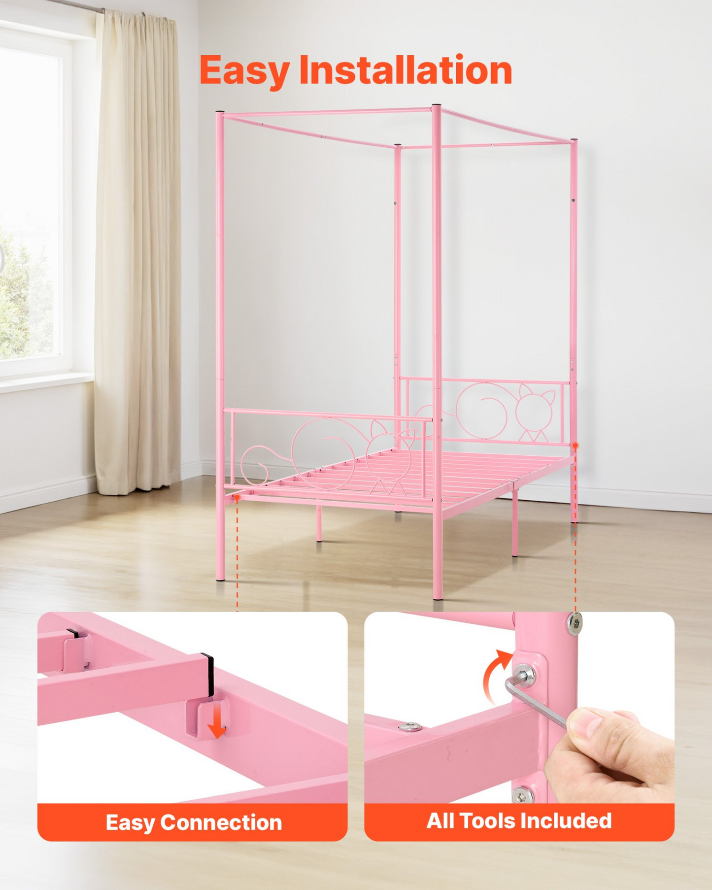 VEVOR Twin Size Canopy Bed Frame Metal Canopy Bed with Headboard & Four Posters
