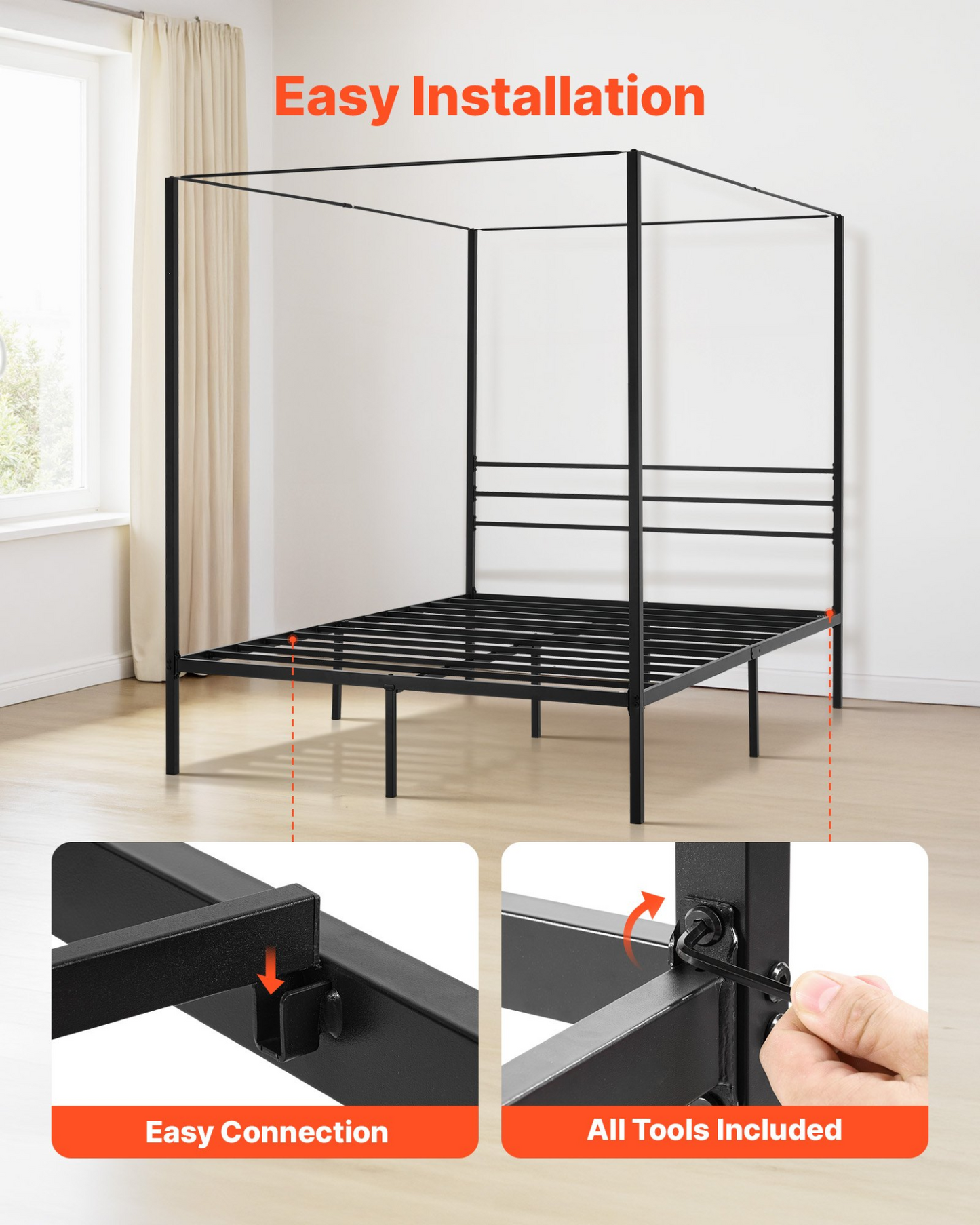 VEVOR Queen Size Canopy Bed Frame Metal Canopy Bed with Four Posters Black