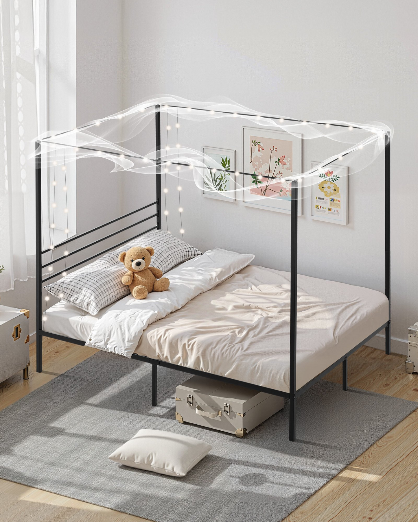 VEVOR Queen Size Canopy Bed Frame Metal Canopy Bed with Four Posters Black