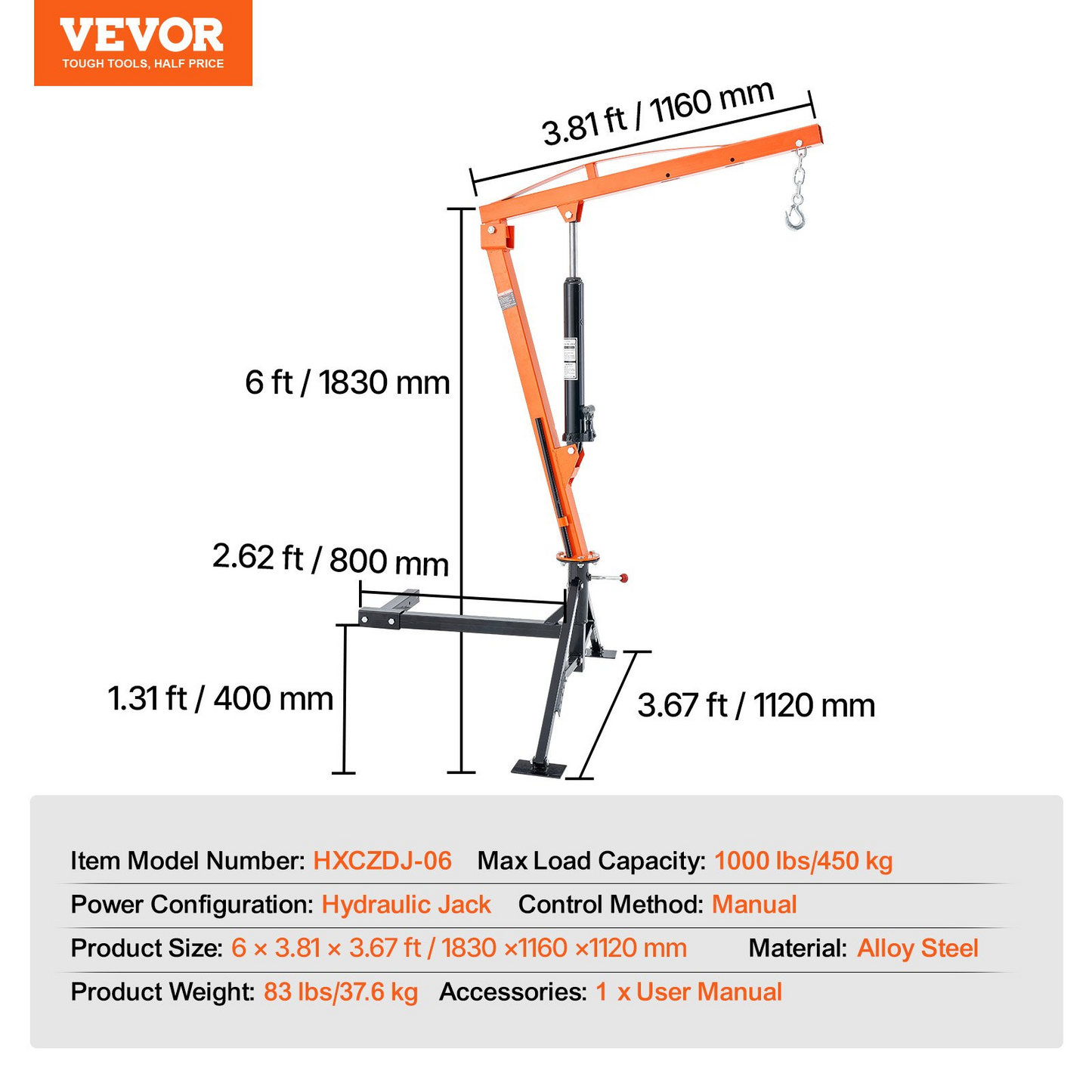 VEVOR Hydraulic Pickup Truck Crane Hoist Crane 1000 lbs 360° Swivel Hoist Lift