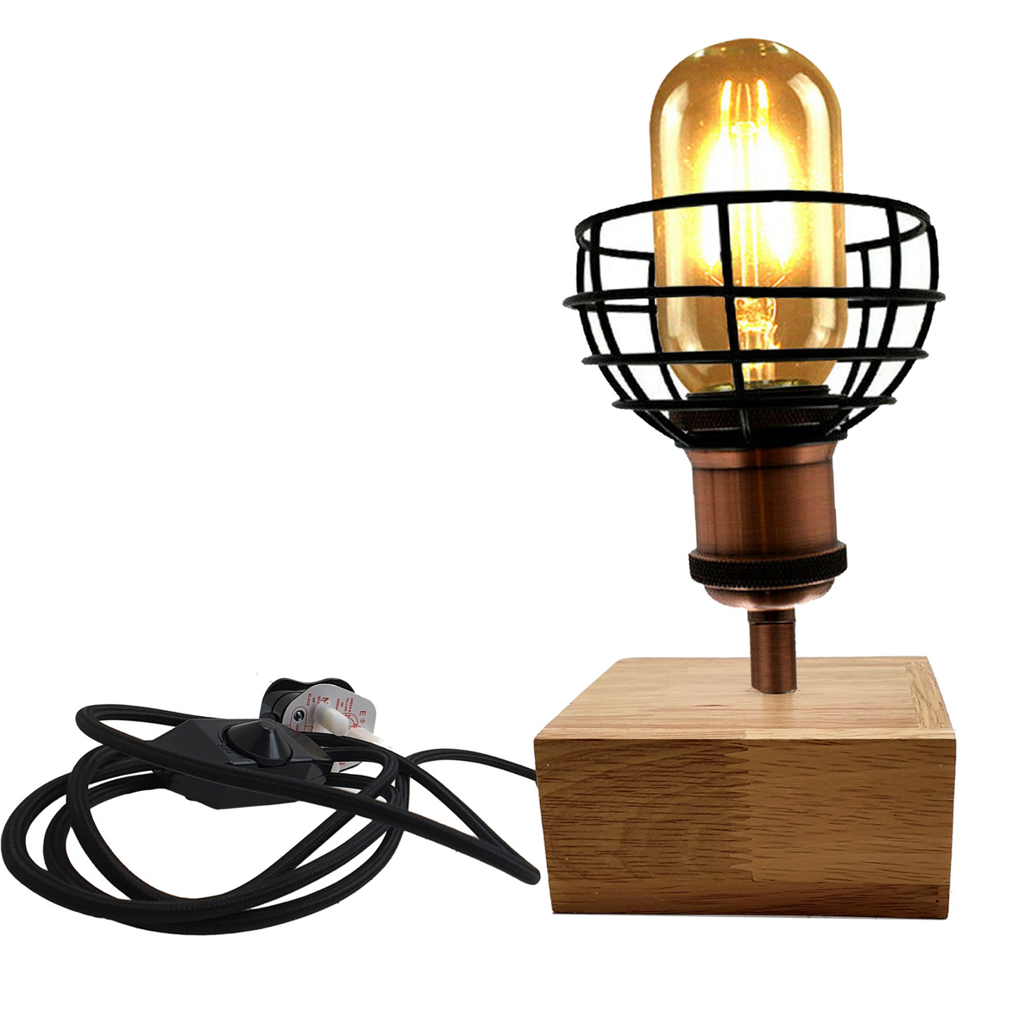 Wooden Base Table Lamp Vintage Filament Light Bulb Bedside Plug in Retro Light~2459
