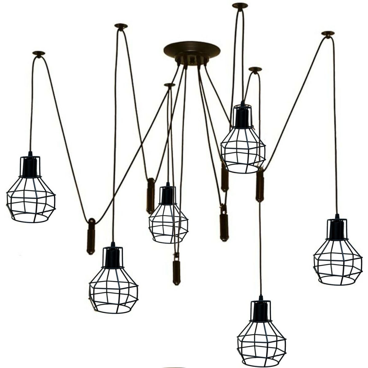 Black Spider Chandelier with Wire Cage 6 Out Let Pendant Light ~2018