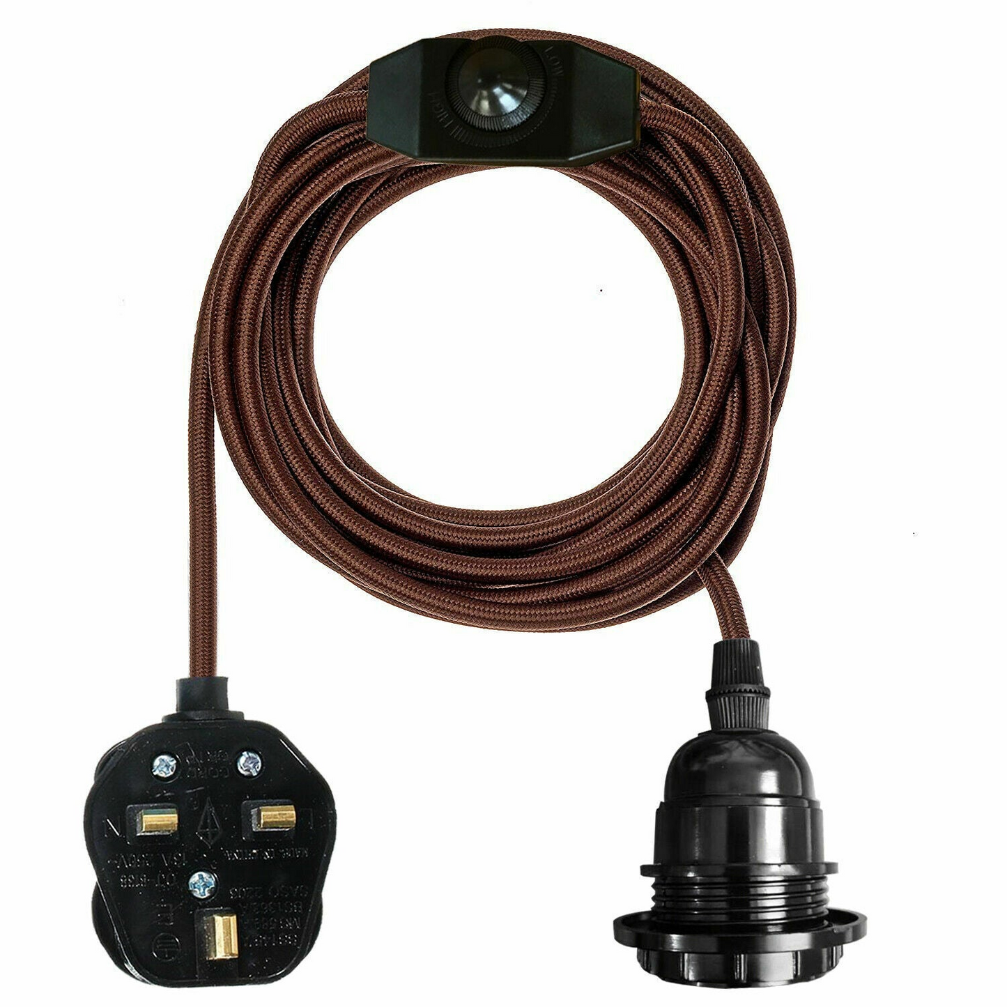 4M Fabric Flex Cable UK Brown colour Plug In Pendant Lamp Light Set E27 Bulb Holder+ switch~3750