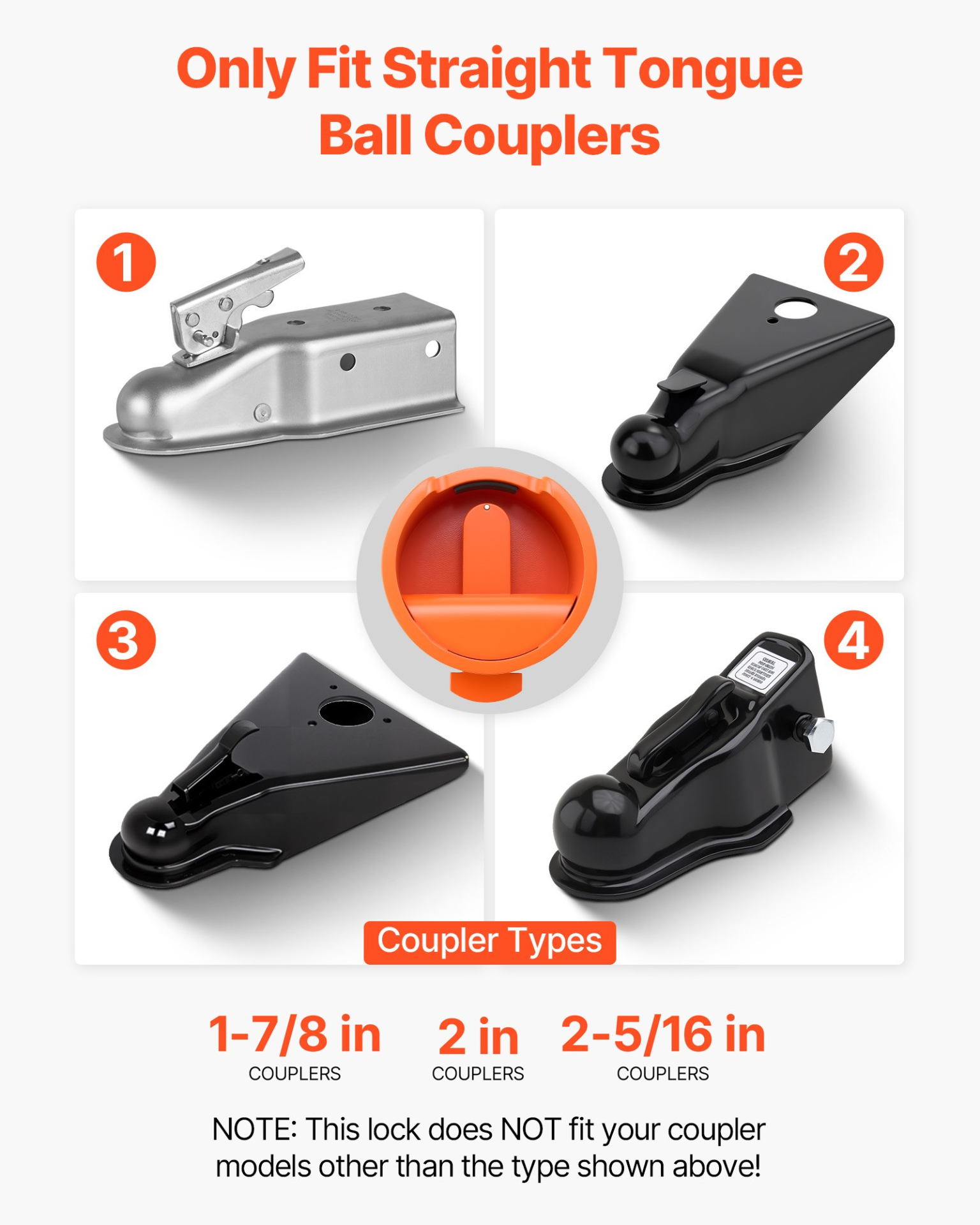 VEVOR Trailer Lock Fits 1-7/8 & 2 & 2-5/16 in Straight Tongue Ball Couplers