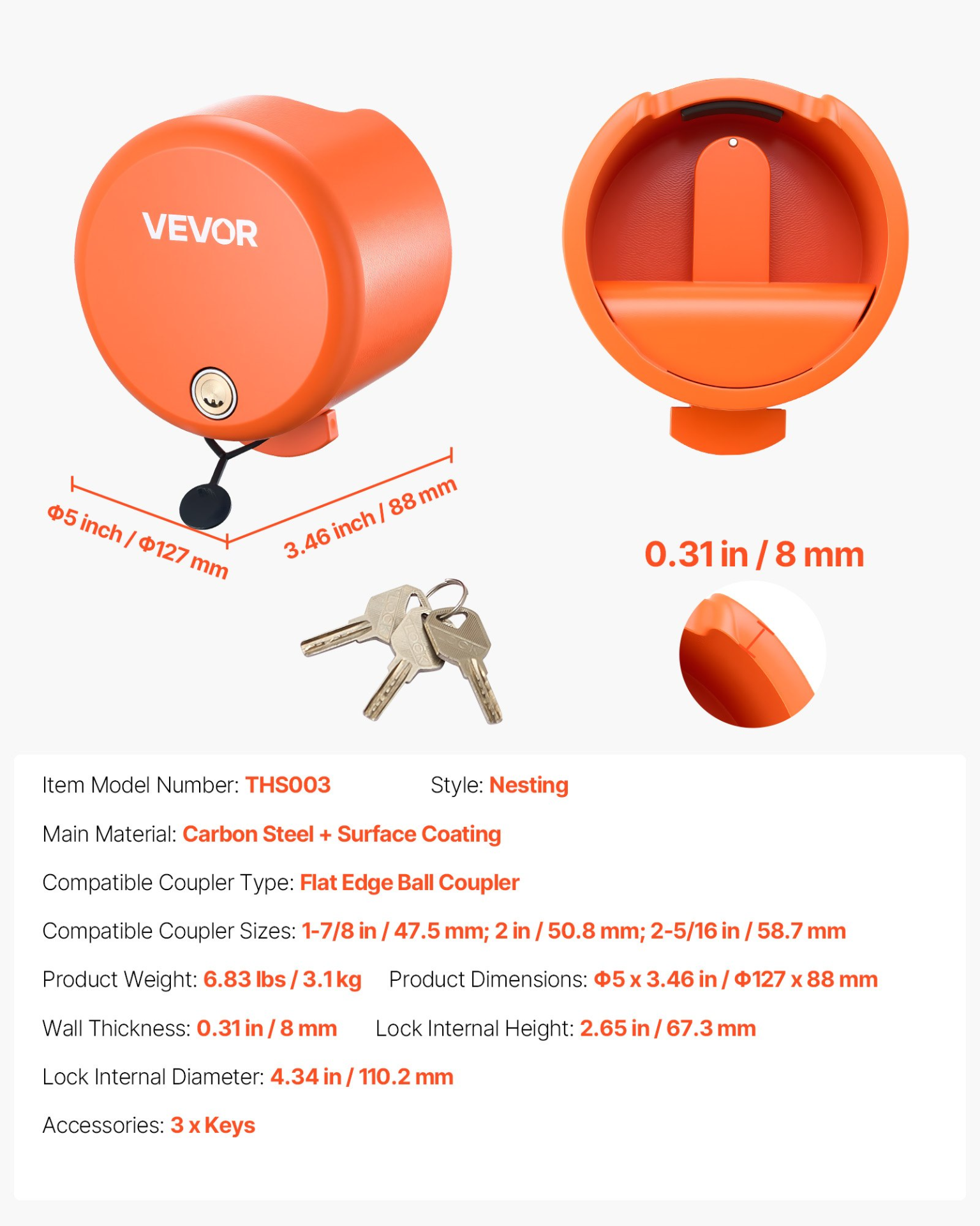 VEVOR Trailer Lock Fits 1-7/8 & 2 & 2-5/16 in Straight Tongue Ball Couplers