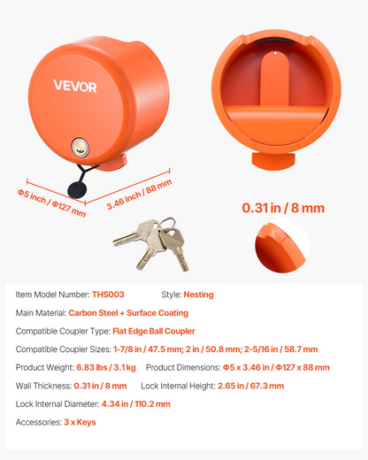 VEVOR Trailer Lock Fits 1-7/8 & 2 & 2-5/16 in Straight Tongue Ball Couplers