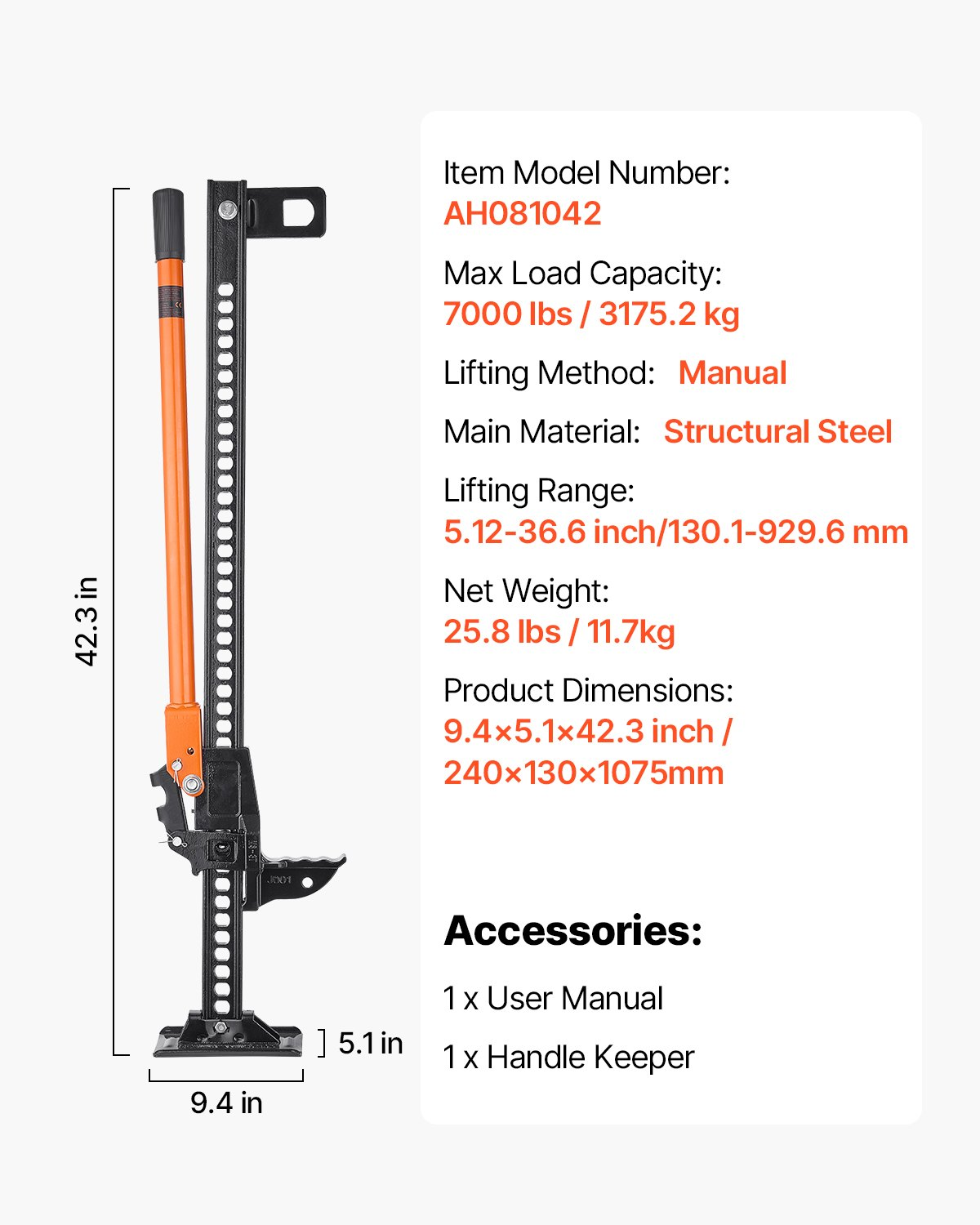 VEVOR 107.5cm Off Road Farm Jack Hoist 3.18 T High Lift Tractor Vehicle's Winch