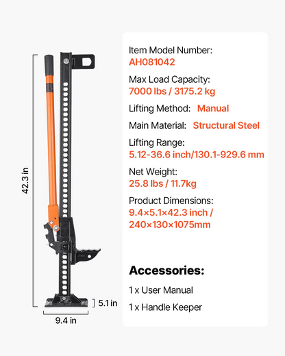 VEVOR 107.5cm Off Road Farm Jack Hoist 3.18 T High Lift Tractor Vehicle's Winch