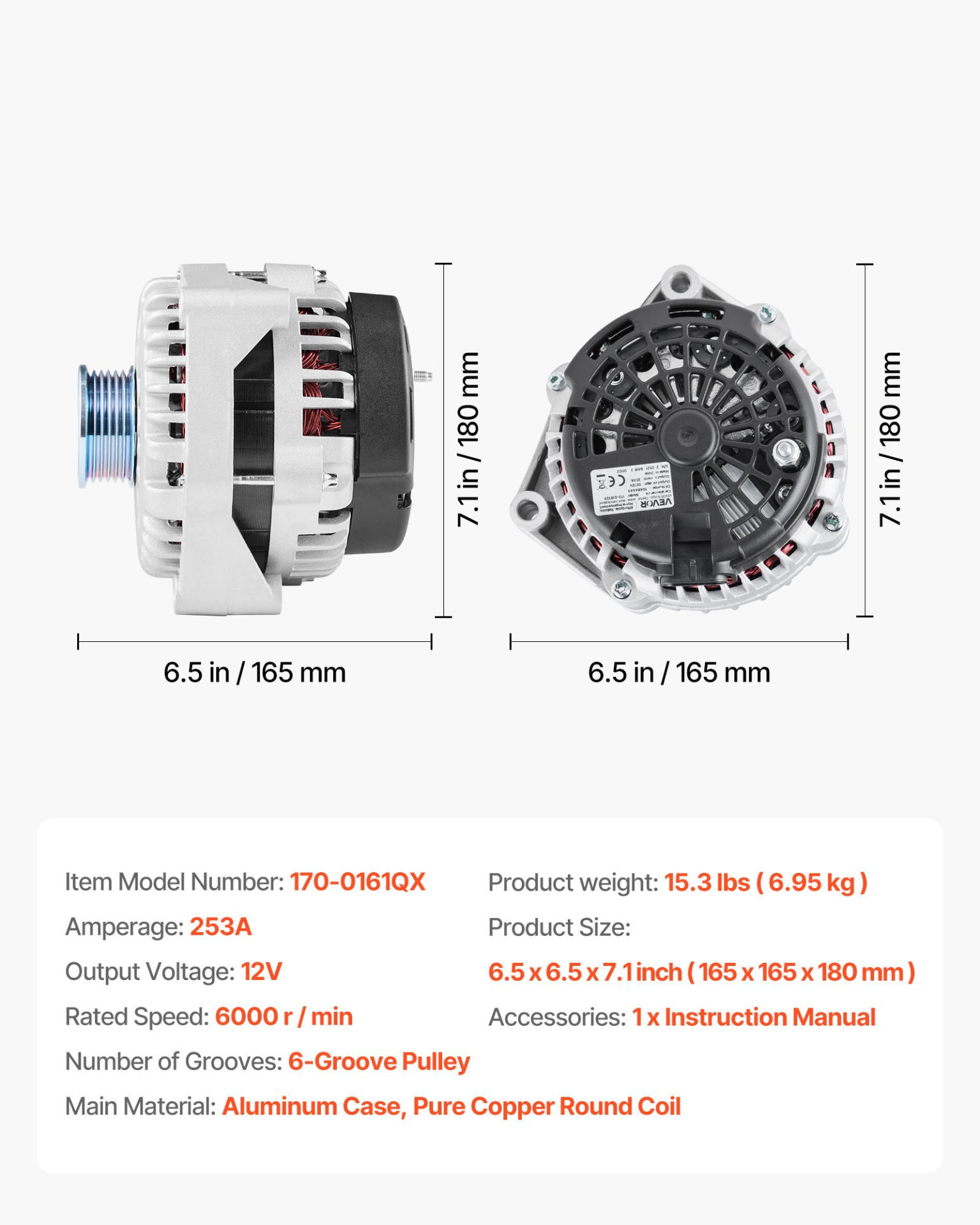 VEVOR Car Alternator 10464443, Fit for Chevrolet Silverado 1500 HD V8 6.0L 2001-2005, Saab 9-7x 2005-2006, Isuzu Ascender 2003-2006, GMC Yukon 2000-2002, Automotive Replacement Alternator 10464453