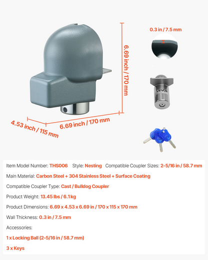 VEVOR Trailer Coupler Lock, Fits 2-5/16-Inch Cast/Bulldog Trailer Couplers, Heavy Duty Trailer Hitch Lock with 3 Keys, Corrision-resistant, Anti-Theft Coupler Ball Locks for RV, Trailer, Boat, Black