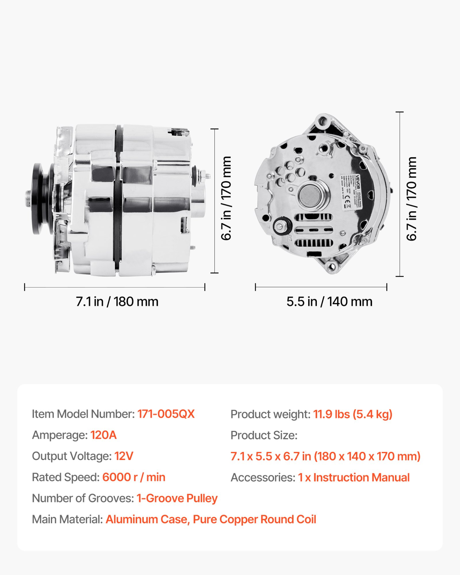 VEVOR Car Alternator 7127-SE105C, Fit for 1 Wire Self Exciting Street Rod GM 305 350 BBC SBC, 1973-1974 Apollo 4.1L, 1982 Century 2.5L, Automotive Replacement Alternator 1-2400-11DR-2, 7127-SECN-100A