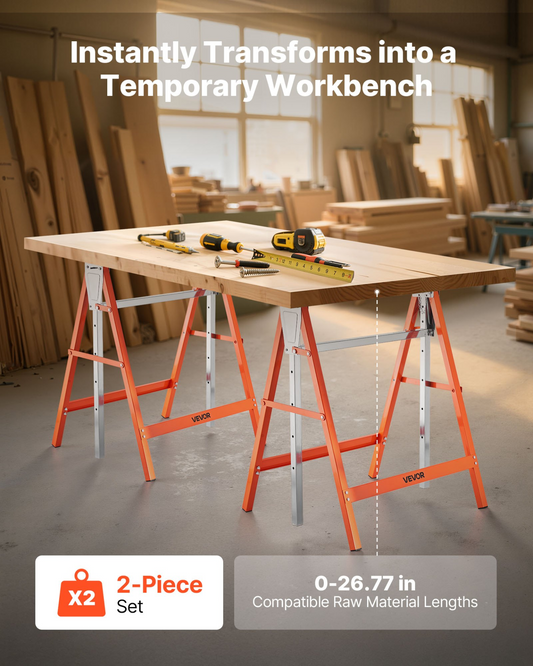 VEVOR Saw Horses, 2 Pack Folding Work Horses, 440 lbs Load Capacity Sawhorse with Heavy Duty Legs, Adjustable Height Saw Horse with Non-Slip Foot Pads, for Woodworking, Carpenters & Contractors