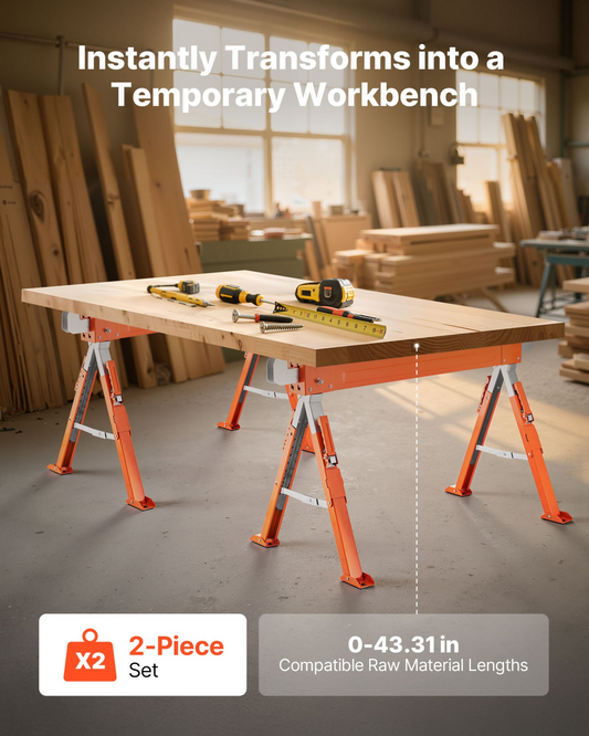 VEVOR Saw Horses, 2 Pack Folding Work Horses, 1800 lbs Load Capacity Sawhorse with Heavy Duty Legs, Adjustable Height Saw Horse with Non-Slip Foot Pads, for Woodworking, Carpenters & Contractors