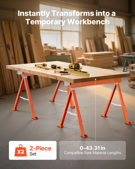 VEVOR Saw Horses, 2 Pack Folding Work Horses, 1323 lbs Load Capacity Sawhorse with Heavy Duty Legs, All-Metal Portable Saw Horse with Non-Slip Foot Pads, for Woodworking, Carpenters & Contractors
