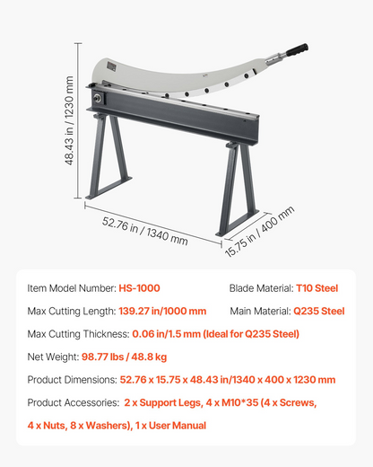 VEVOR Guillotine Shear, 1000 mm Bed Width Benchtop Cutter, Manual Hand Plate Shear for Metal Sheet Processing, with Q235 Material, High Precision, Stand, for PCB, Aluminum, Steel, Copper, Plastic