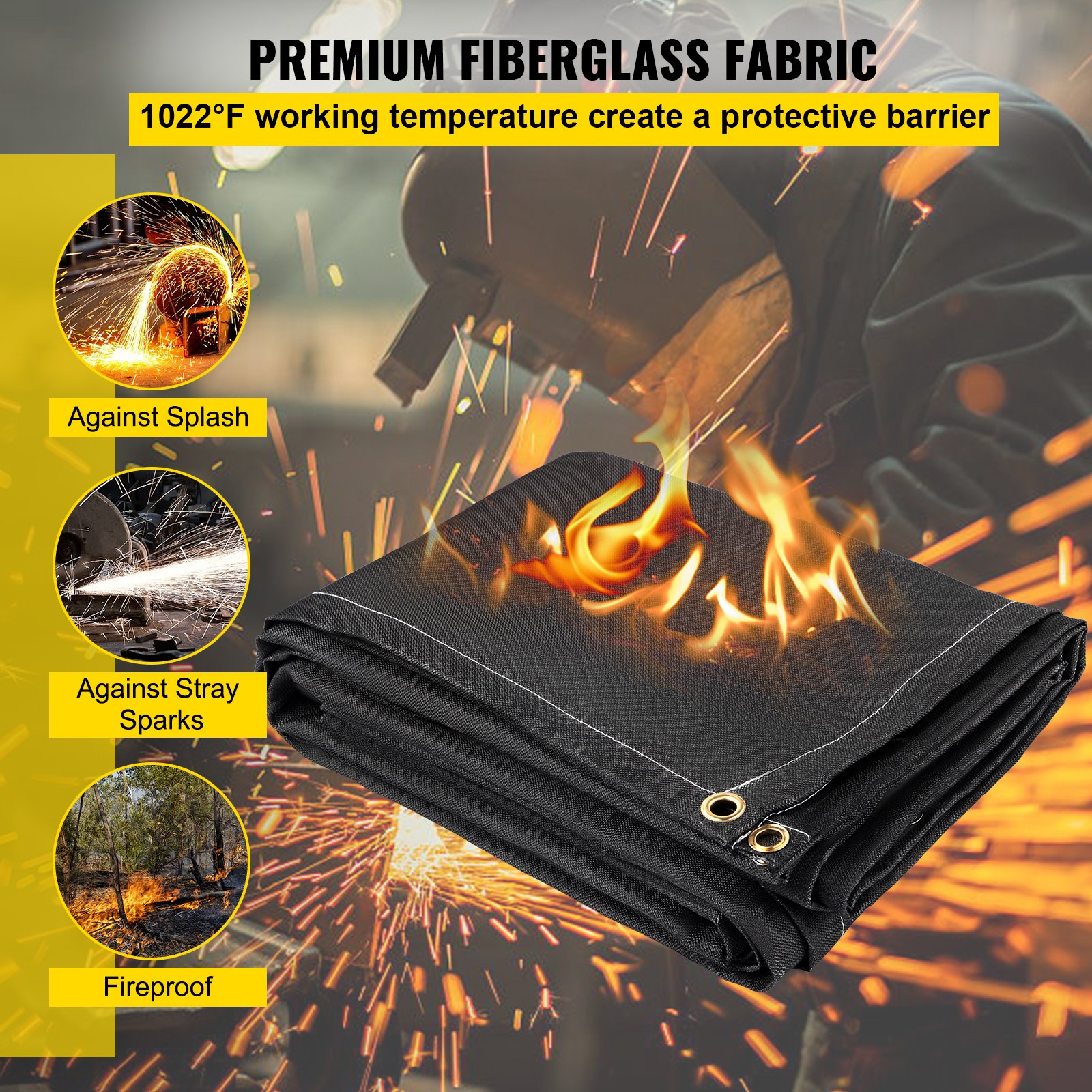 VEVOR Fire Blankets, 2 Pack Welding Blankets, 6' x 10' Fire Suppression Blanket, 1022 °F Flame Retardant Blanket, Black Fire Emergency Blankets, Fiberglass Fire Retardant Blanket with 8 Brass Gromme