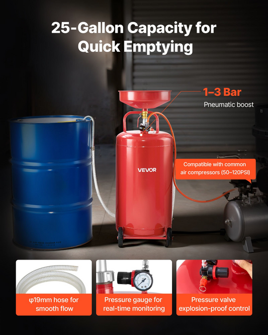 VEVOR 95L Waste Oil Drain Tank, Air Operated Portable Oil Drainer with Adjustable Funnel Height, Industrial Fluid Drain Tank with Wheels, Fluid Fuel Transfer Drainage for Auto Repair Shops, Red