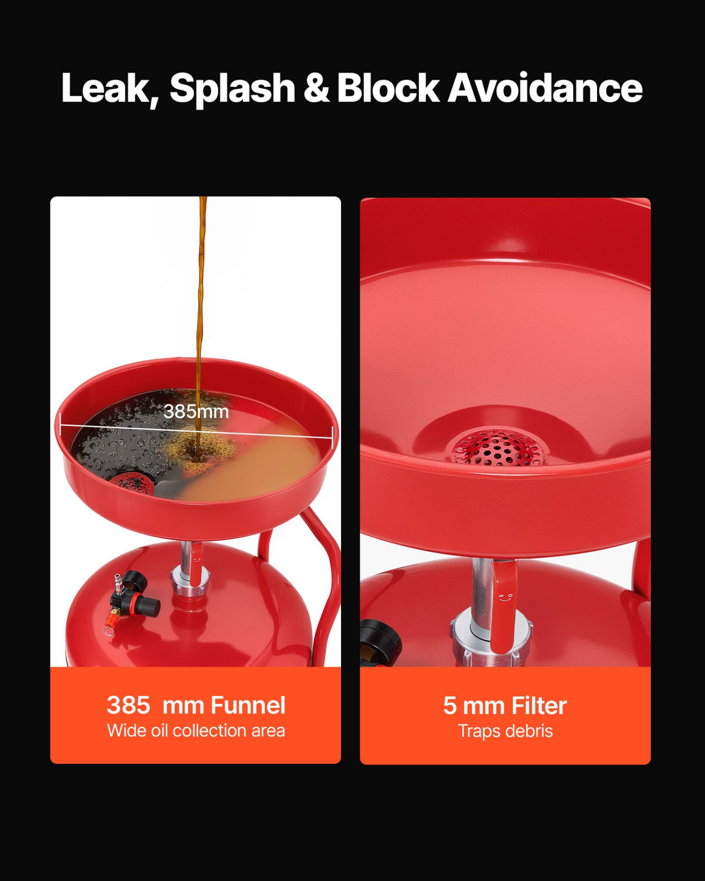 VEVOR 95L Waste Oil Drain Tank, Air Operated Portable Oil Drainer with Adjustable Funnel Height, Industrial Fluid Drain Tank with Wheels, Fluid Fuel Transfer Drainage for Auto Repair Shops, Red