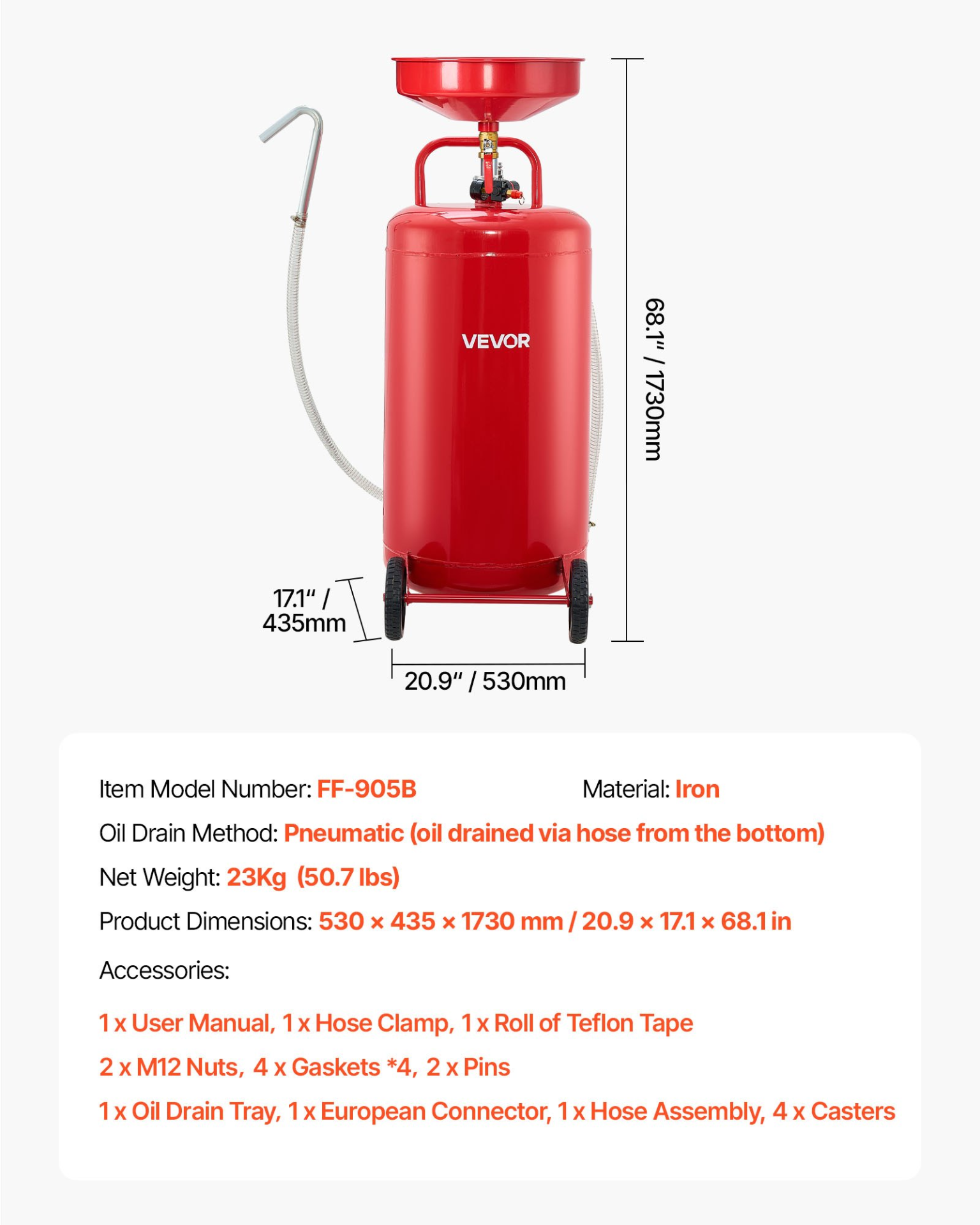 VEVOR 95L Waste Oil Drain Tank, Air Operated Portable Oil Drainer with Adjustable Funnel Height, Industrial Fluid Drain Tank with Wheels, Fluid Fuel Transfer Drainage for Auto Repair Shops, Red