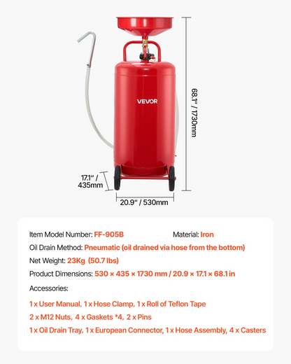 VEVOR 95L Waste Oil Drain Tank, Air Operated Portable Oil Drainer with Adjustable Funnel Height, Industrial Fluid Drain Tank with Wheels, Fluid Fuel Transfer Drainage for Auto Repair Shops, Red