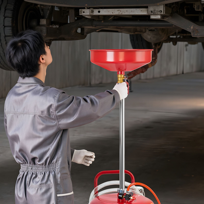 VEVOR 95L Waste Oil Drain Tank, Air Operated Portable Oil Drainer with Adjustable Funnel Height, Industrial Fluid Drain Tank with Wheels, Fluid Fuel Transfer Drainage for Auto Repair Shops, Red