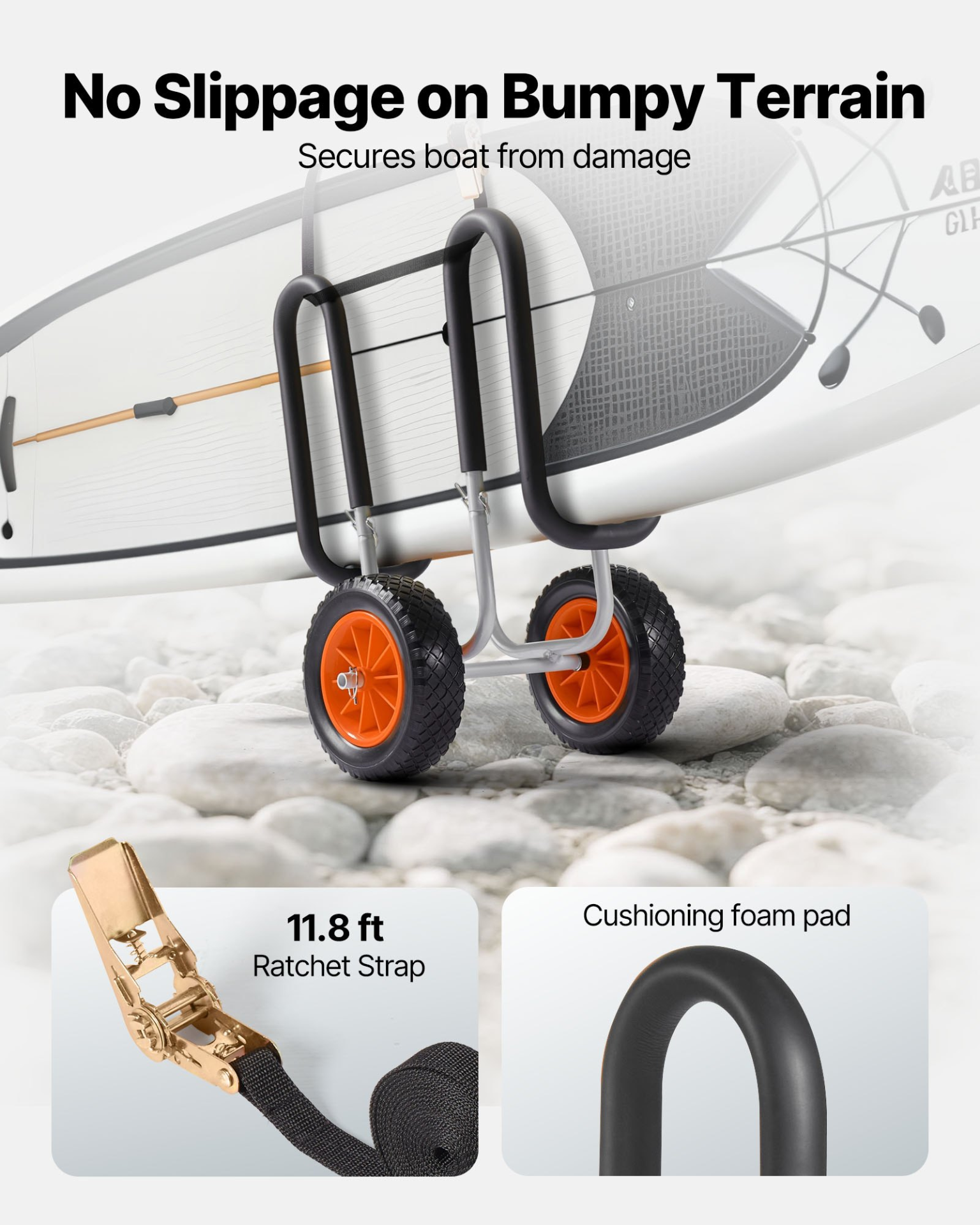 VEVOR Kayak Cart, 68.0 kg Load Capacity, Stand Up Paddle Board Trolley with 25.4 cm Solid Rubber Tires & Kickstands, Paddle Board Carrier with Ratchet Strap for Paddleboard & Surfboard Transport