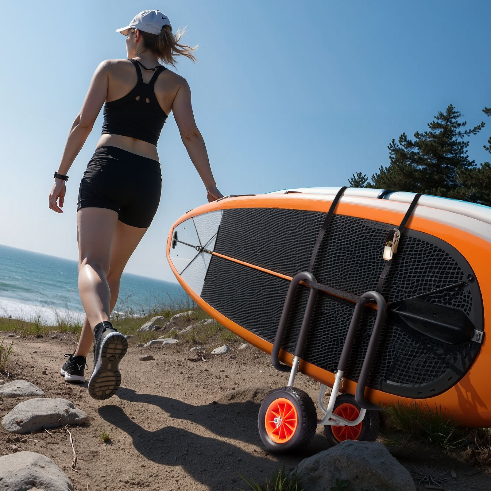 VEVOR Kayak Cart, 68.0 kg Load Capacity, Stand Up Paddle Board Trolley with 25.4 cm Solid Rubber Tires & Kickstands, Paddle Board Carrier with Ratchet Strap for Paddleboard & Surfboard Transport
