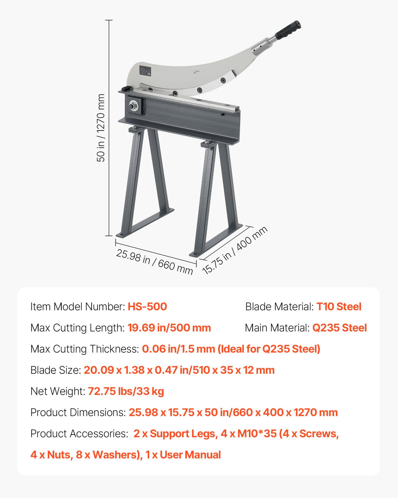 VEVOR Guillotine Shear, 500 mm Bed Width Benchtop Cutter, Manual Hand Plate Shear for Metal Sheet Processing, with Q235 Material, High Precision, Stand, for PCB, Aluminum, Steel, Copper, Plastic