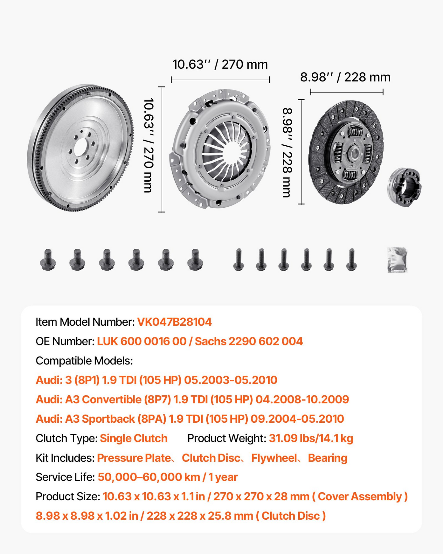 VEVOR Clutch Kit with Flywheel, Heavy Duty OEM Clutch Kit, OEM Replacement Transmission Clutch Kit Compatible with 2003-2010 Audi A3 (8P1), 2008-2009 A3 Convertible (8P7), 2004-2010 A3 Sportback (8PA)