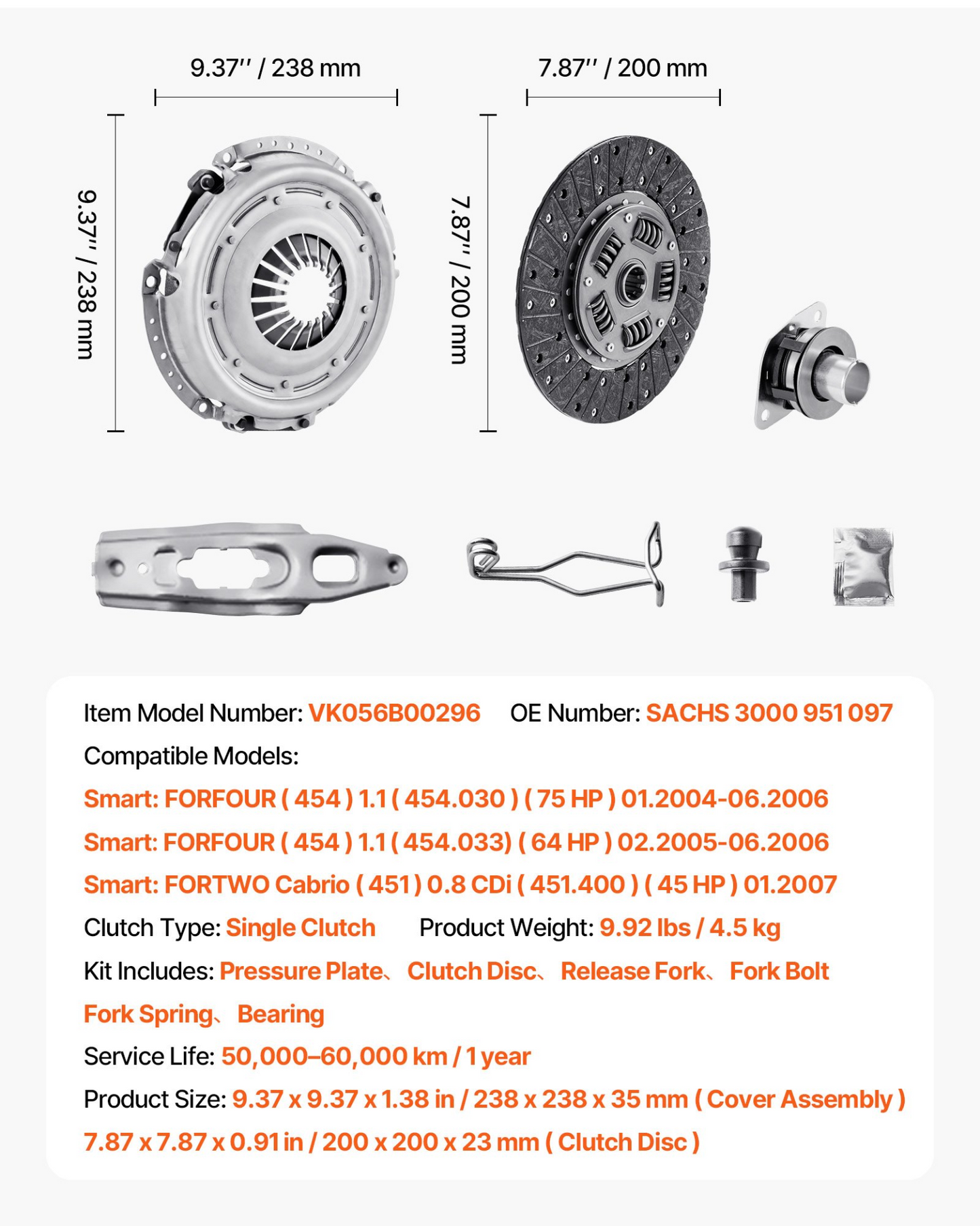 VEVOR Clutch Kit with Pressure Plate, Heavy Duty OEM Clutch Kit, OEM Replacement Transmission Clutch Kit Compatible with 2004-2006 Smart FORFOUR (75 HP), 2005-2006 FORFOUR (64 HP), 2007 FORTWO Cabrio