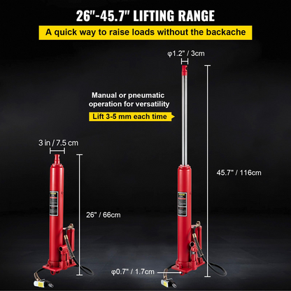 VEVOR Hydraulic/Pneumatic Long Ram Jack, 8 Tons/17363 lbs Capacity, with Single Piston Pump and Clevis Base, Manual Cherry Picker with Handle, for Garage/Shop Cranes, Engine Lift Hoist, Red