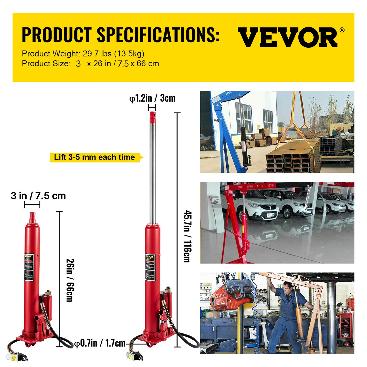 VEVOR Hydraulic/Pneumatic Long Ram Jack, 8 Tons/17363 lbs Capacity, with Single Piston Pump and Clevis Base, Manual Cherry Picker with Handle, for Garage/Shop Cranes, Engine Lift Hoist, Red