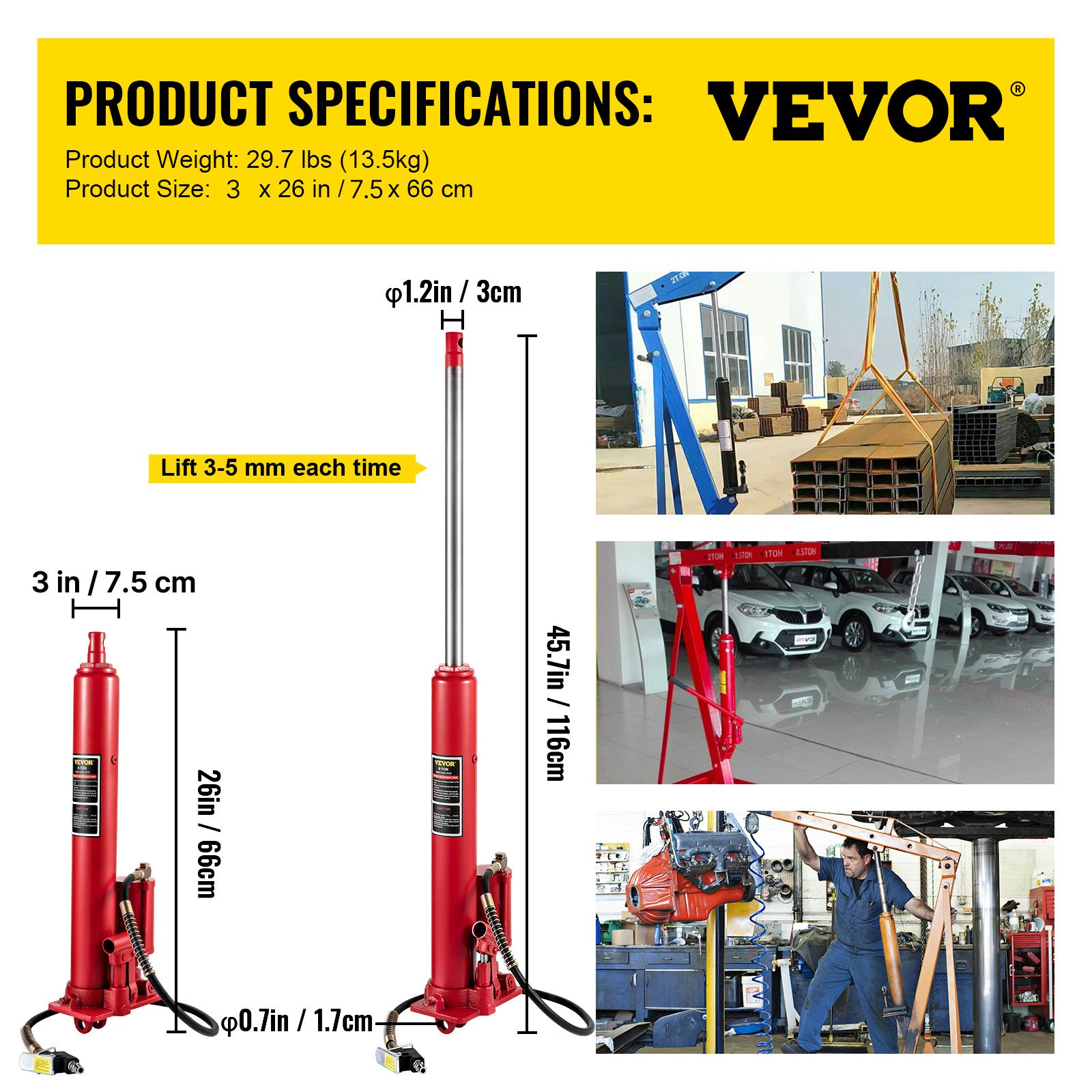 VEVOR Hydraulic/Pneumatic Long Ram Jack, 8 Tons/17363 lbs Capacity, with Single Piston Pump and Clevis Base, Manual Cherry Picker with Handle, for Garage/Shop Cranes, Engine Lift Hoist, Red