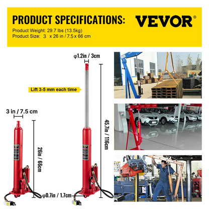 VEVOR Hydraulic/Pneumatic Long Ram Jack, 8 Tons/17363 lbs Capacity, with Single Piston Pump and Clevis Base, Manual Cherry Picker with Handle, for Garage/Shop Cranes, Engine Lift Hoist, Red