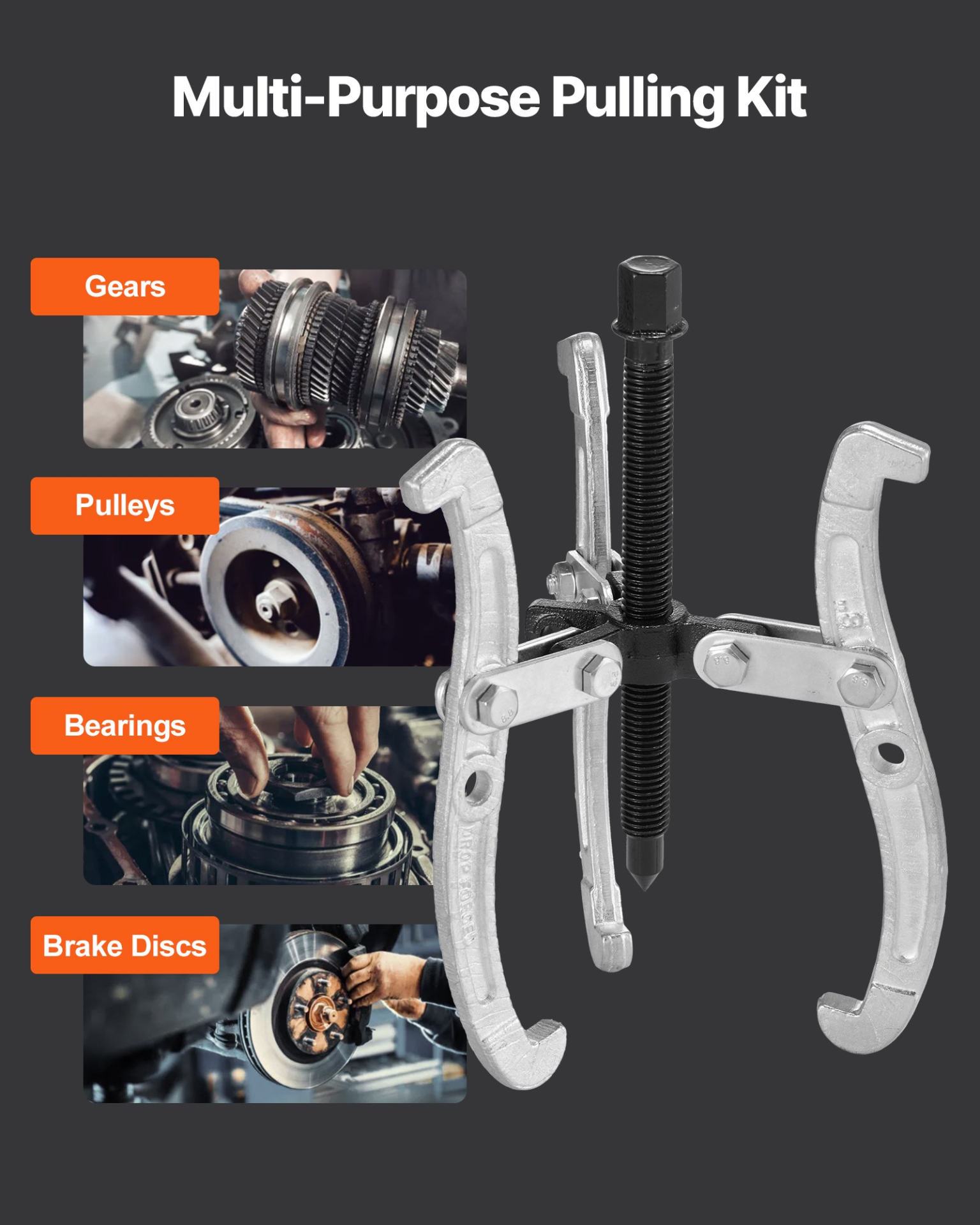 VEVOR Gear Puller Set, 3 in/4 in/6 in/8 in 3 Jaw Bearing Puller with Reversible Jaws, 2 Jaw/3 Jaw Pulley Puller Tool, 4 PCS Heavy Duty Bearing Puller Tool Kit for Pulley Gear Bearing Flywheel Removal