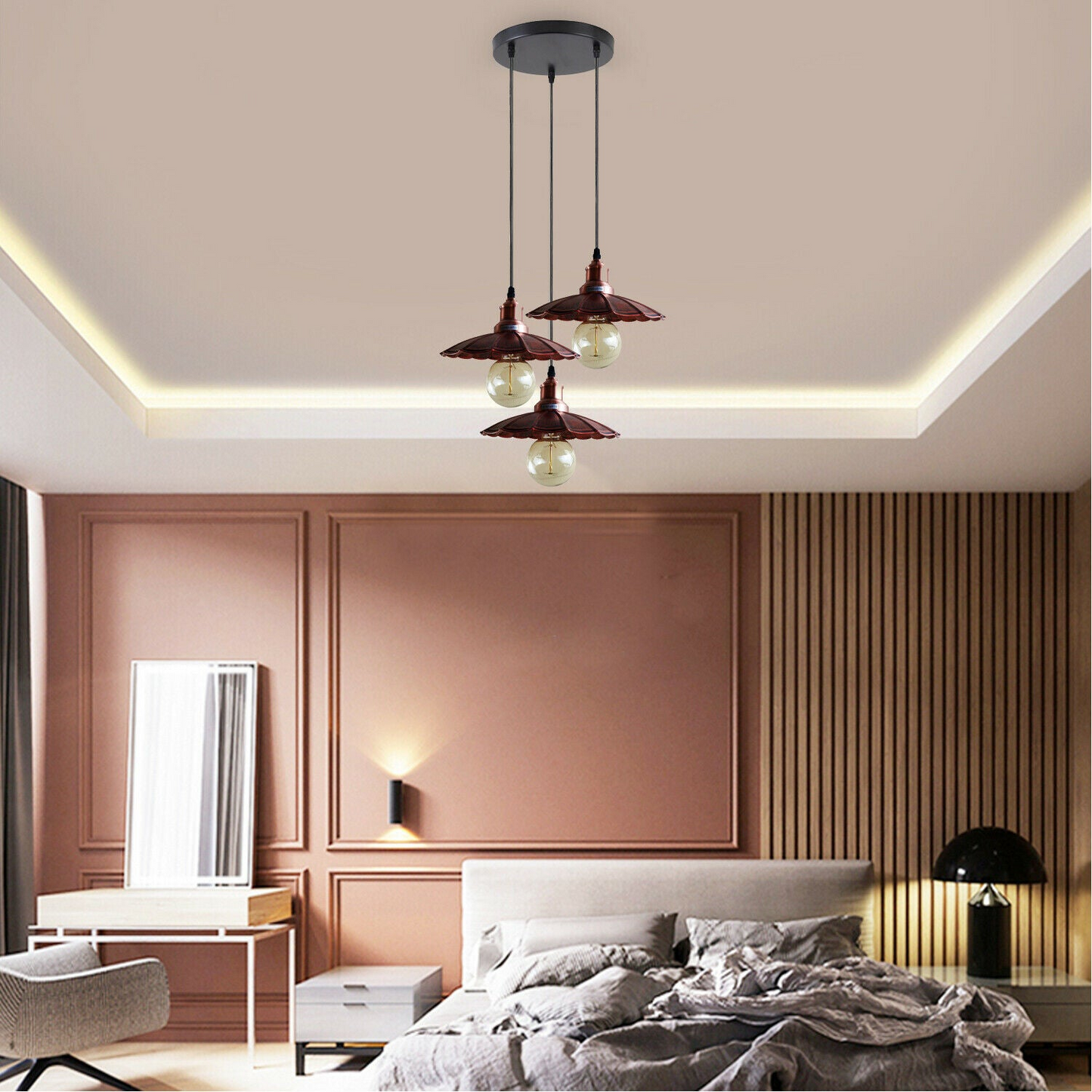 3 Outlet Rustic Red Wavy Metal Ceiling Pendant Light~1485