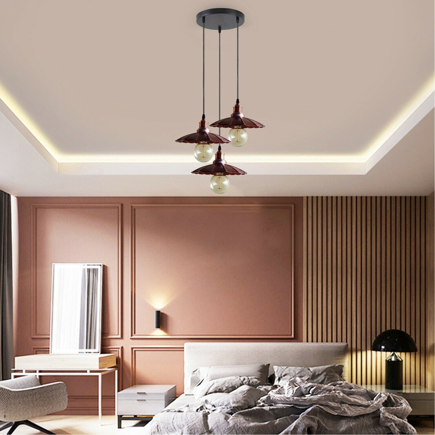 3 Outlet Rustic Red Wavy Metal Ceiling Pendant Light~1485