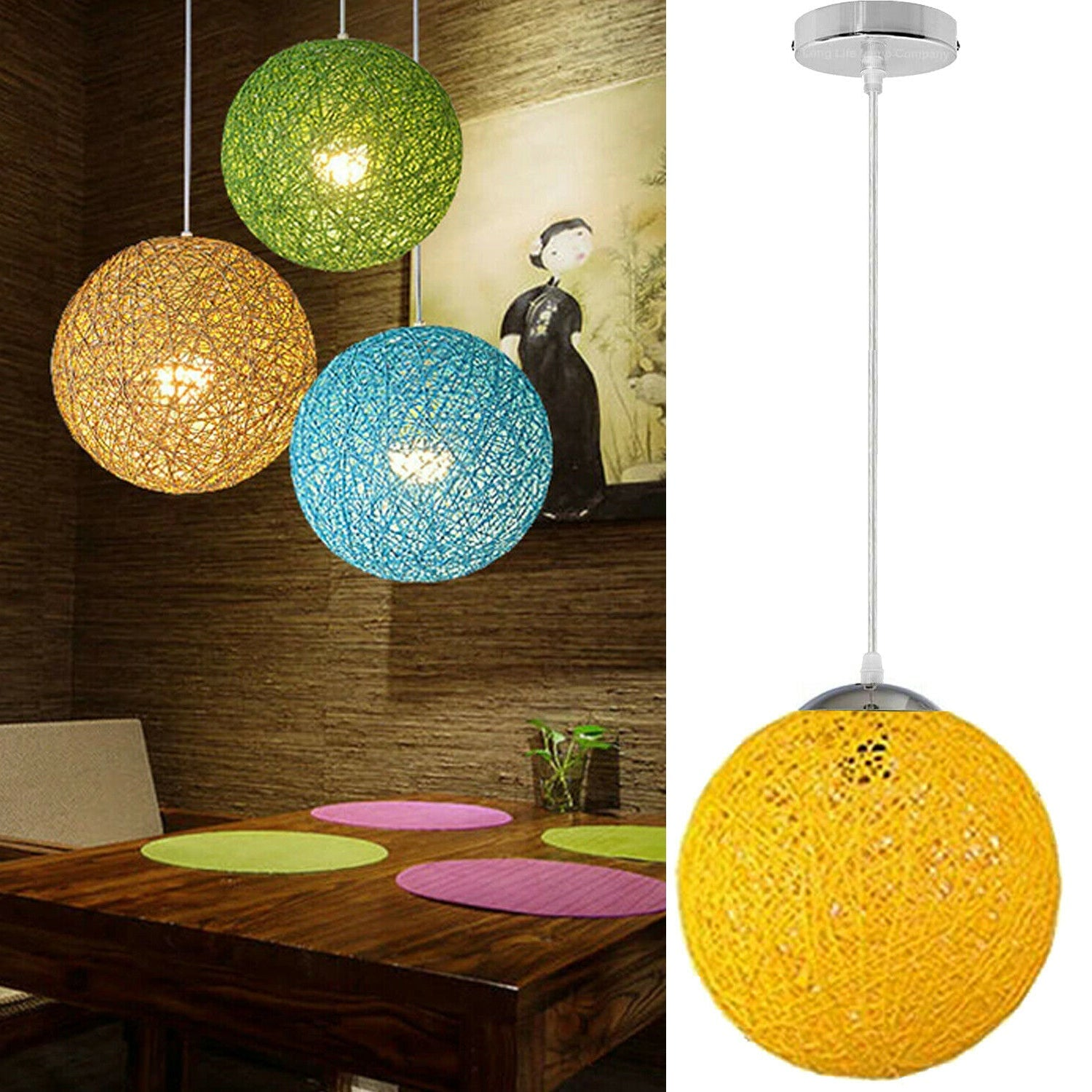 Yellow Modern Lattice Wicker Rattan Globe Ball Style Ceiling Pendant Light Lampshade~3642