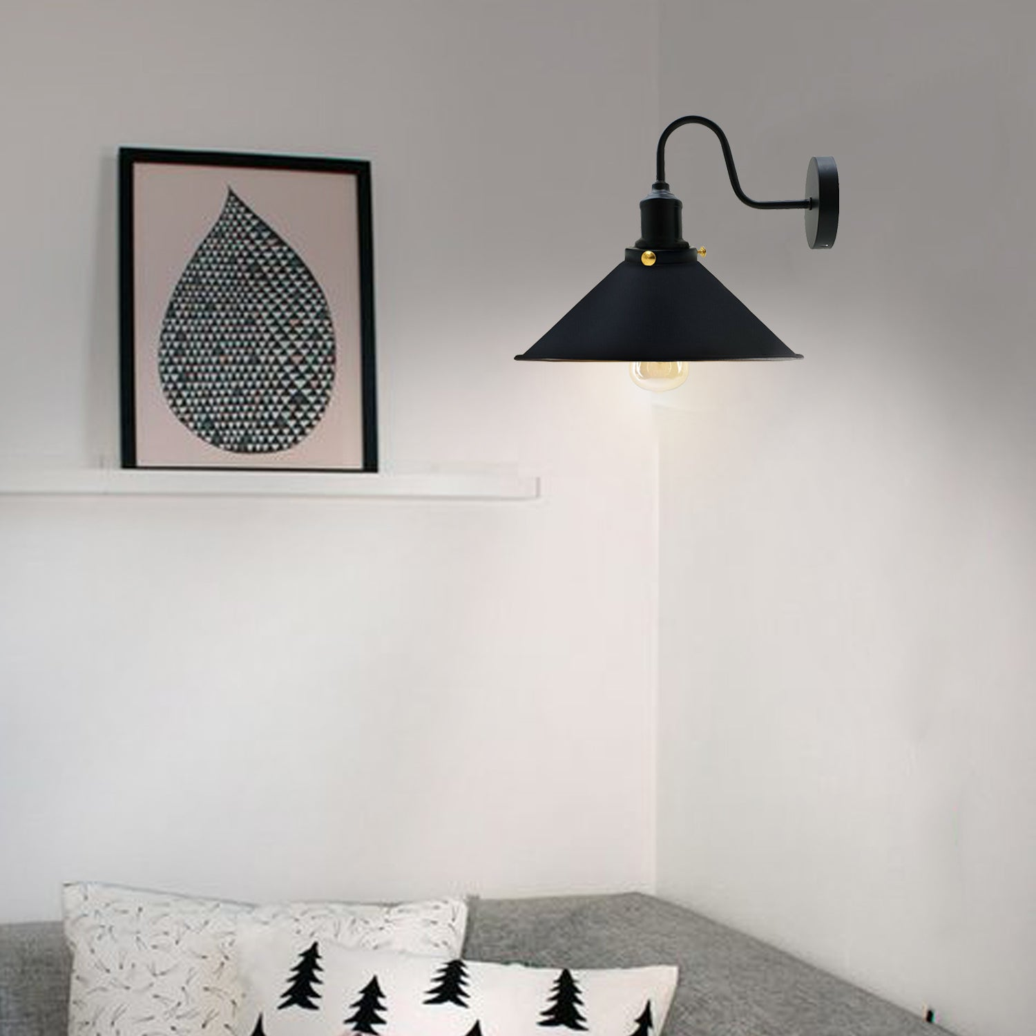 LEDSone Industrial Vintage Black Swan Neck Wall Light Indoor Sconce Metal Cone Shape Shade~3481