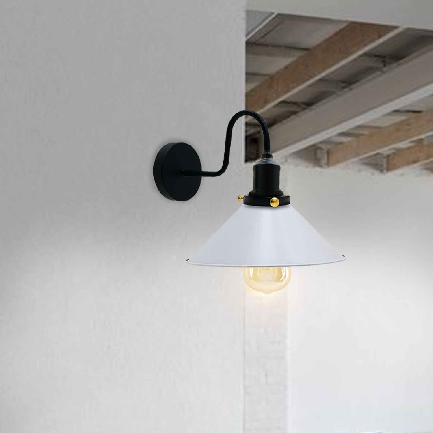 LEDSone Industrial vintage White Swan Neck Wall Light Indoor Sconce Metal Cone Shape Shade~3482