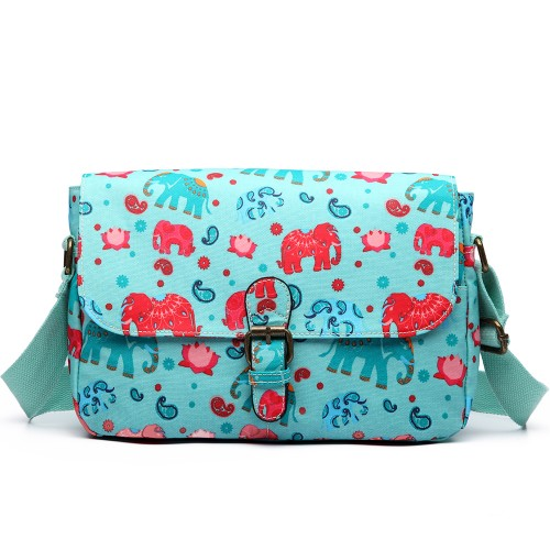 E1656 - Miss Lulu Matte Oilcloth Medium Elephant Print Satchel Light Blue