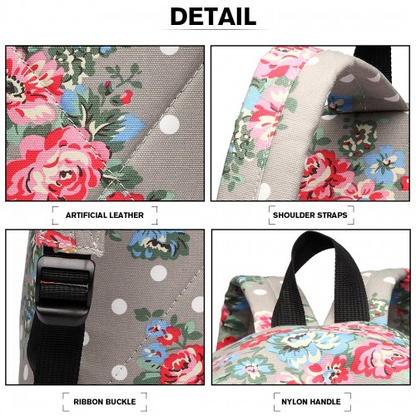 E1401F - Miss Lulu Large Backpack Flower Polka Dot - Grey