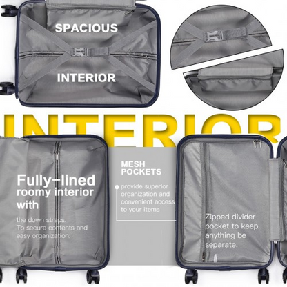 K2093 - Kono Cabin Size Classic Collection Polypropylene Luggage with Charging Interface - Navy Blue